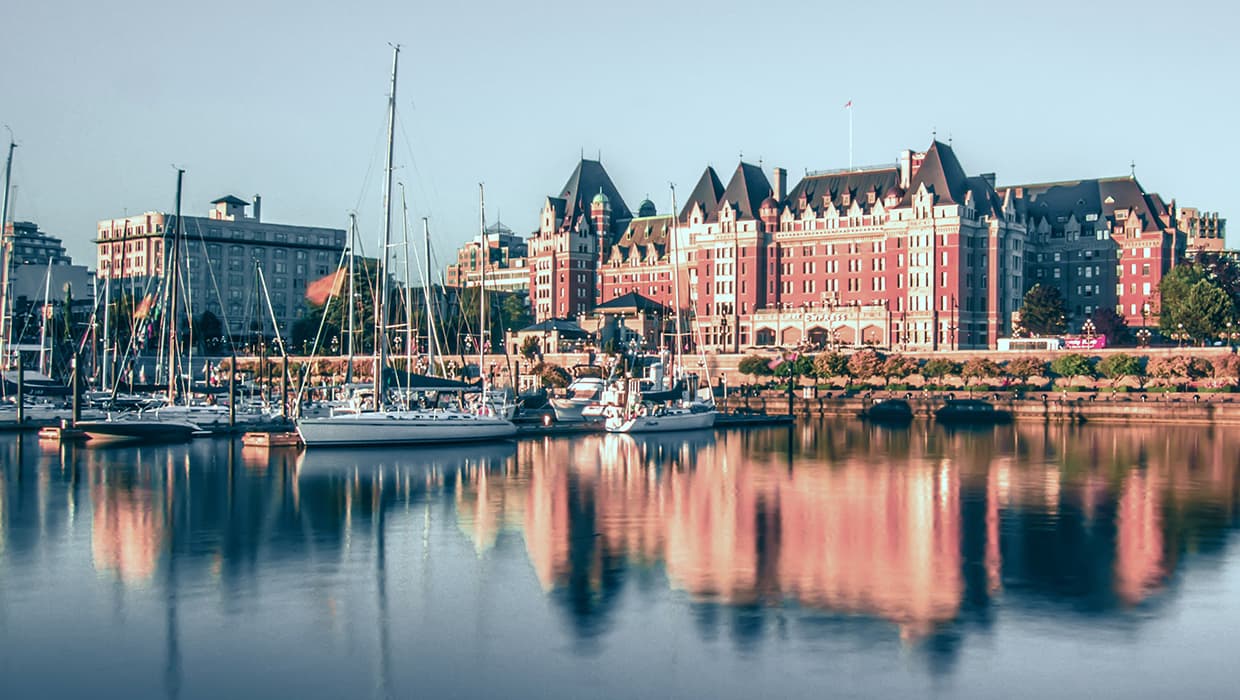 View of the Empress Hotel on the Inner Harbour in Victoria, BC